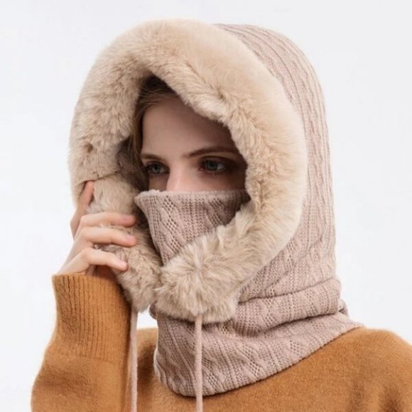 Faux fur trimmed Panel Drawstring Hat winter tan - Picture 1 of 5